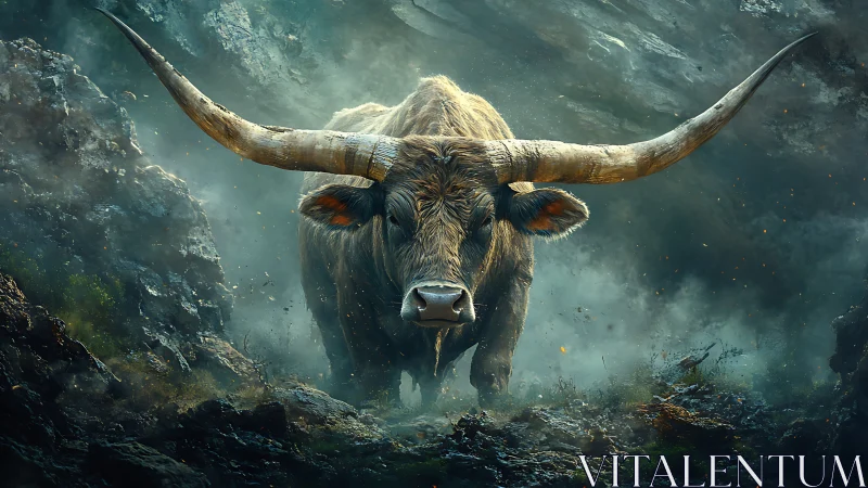 Storm-forged longhorn strides through a shattered mountain dawn.