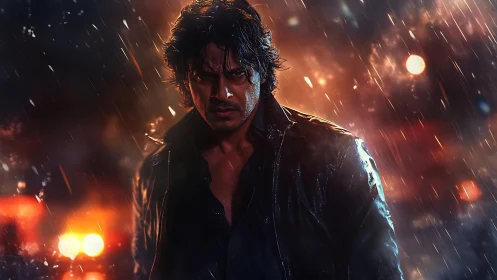 Rain-soaked vigilante in high-contrast cinematic lighting.