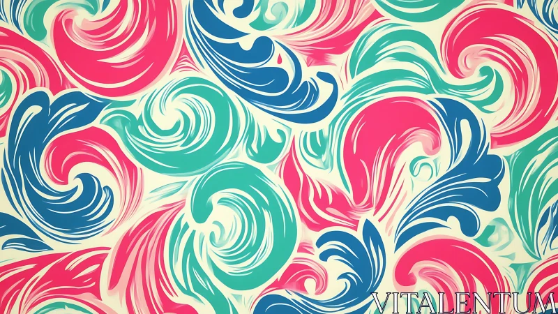 Retro abstract swirls in triadic palette pattern design.