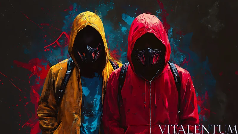 Masked urban figures in red and yellow hoodies on dark backdrop