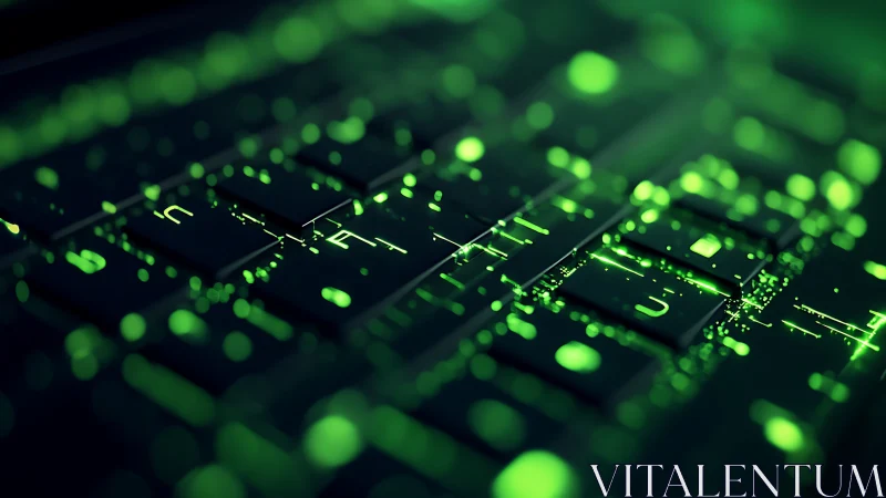 Glowing green data particles stream across cyber keyboard.