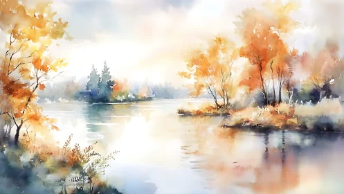 Watercolor autumn lakeside with atmospheric depth and light.