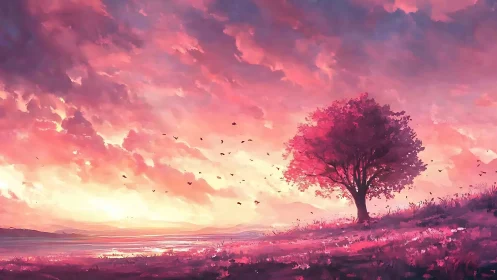 Blush horizon tree dreaming beneath a watercolor sky.