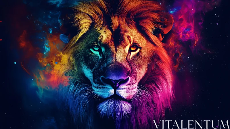 Cosmic lion portrait glowing in swirling neon starlight.
