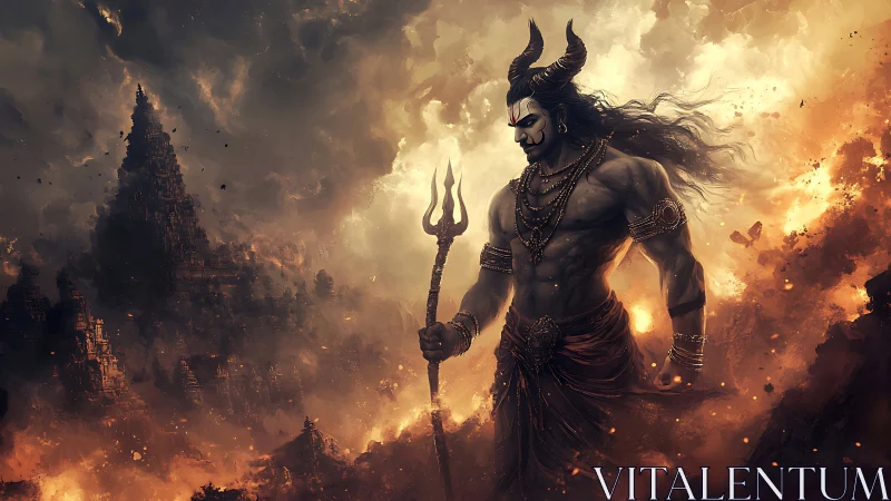 Demonic warlord with trident amid burning temple ruins.