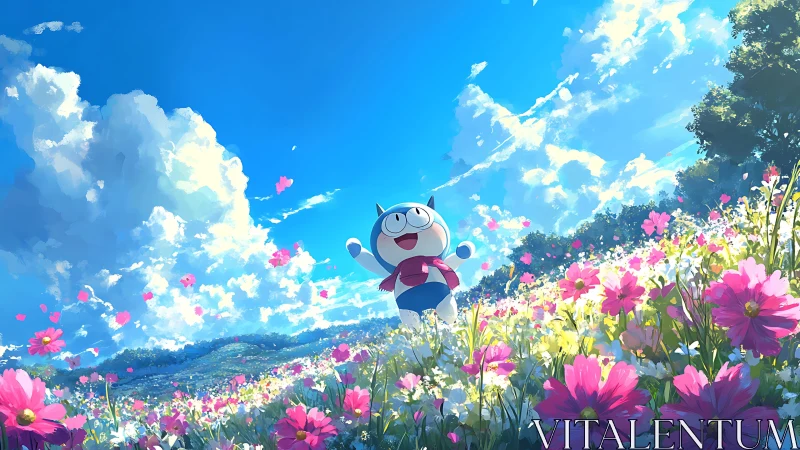 Cartoon sky-hopper sprints through a cosmos-bright meadow