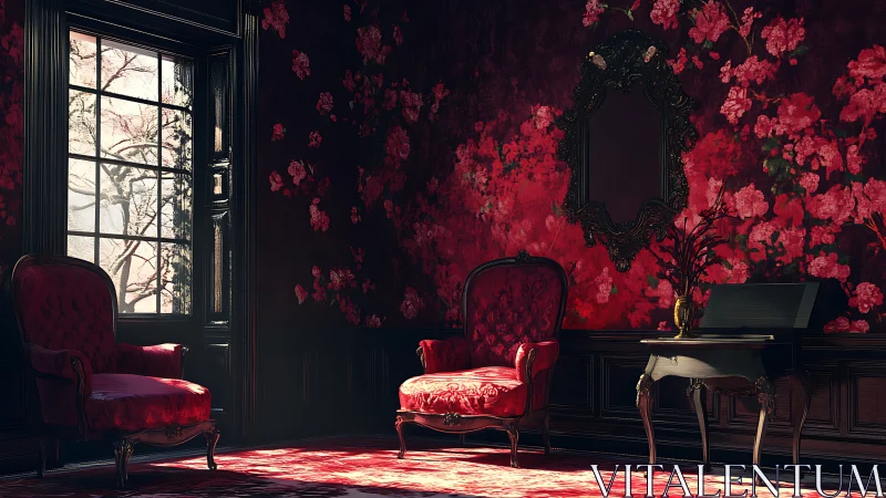 Vintage red sitting room shows floral walls and ornate chairs