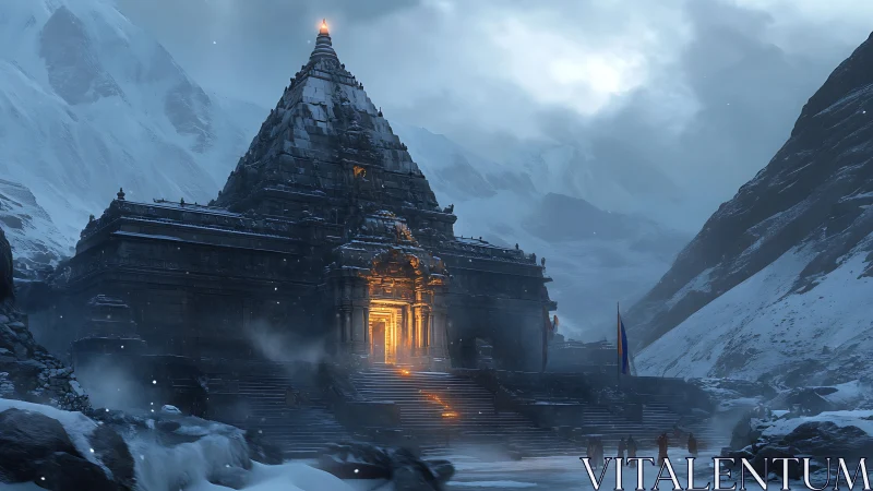 Golden mountain temple glowing against a quiet winter storm.