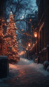 Snow covered urban alley with illuminated winter tree.
