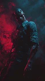 Humanoid creature in tattered shirt against red smoke field.