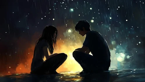 Rainlit confession between silhouettes in a glowing puddle.