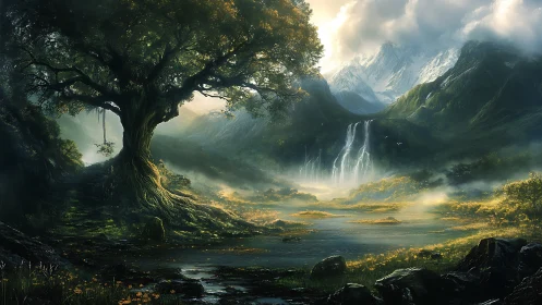 Enchanted valley tree watching over misty falls and peaks.