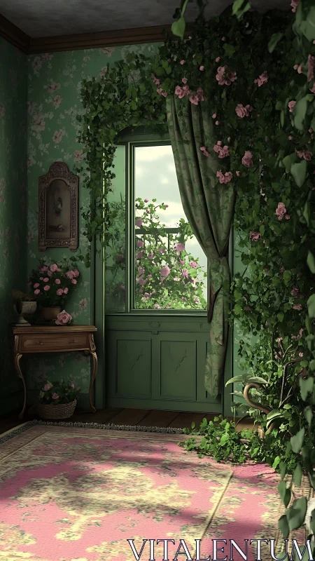 Overgrown floral room shows window framed by climbing vines