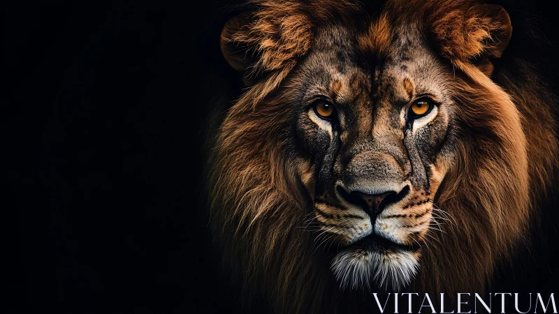 Lion face framed by dark background with directional light