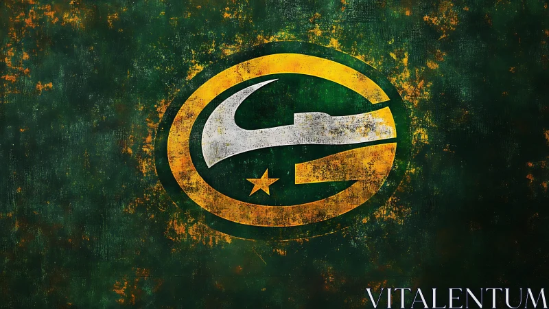 Grunge green and gold football emblem on textured field.