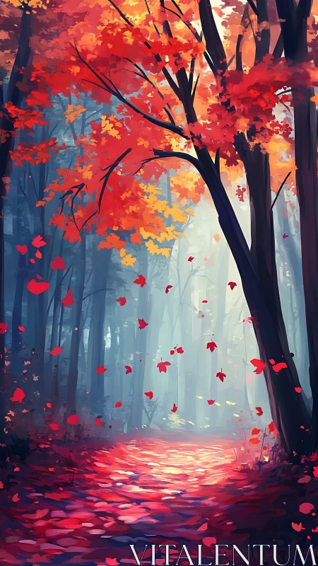 Autumn forest path with red canopy and falling leaves