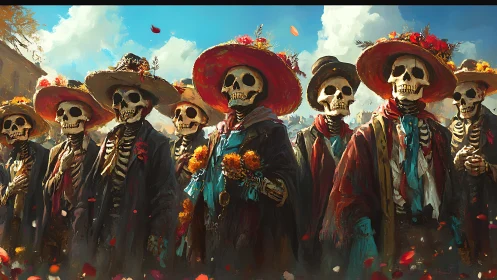 Dapper skeleton parade in marigold hats under bright skies.