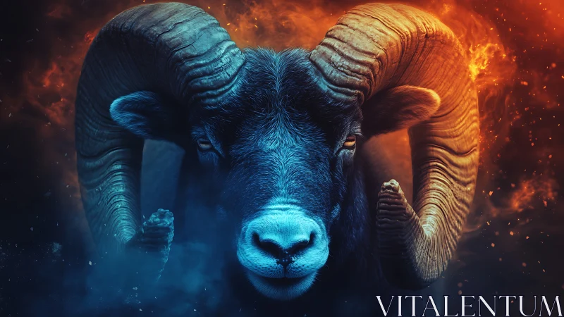 Fiery and frosty ram stands strong between smoke and flame