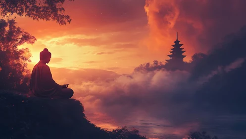 Meditating Buddha above misty river at blazing sunset.