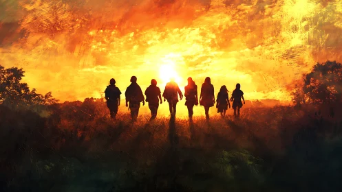 Silhouetted Group Walking Toward Vibrant Sunset, Digital Art.