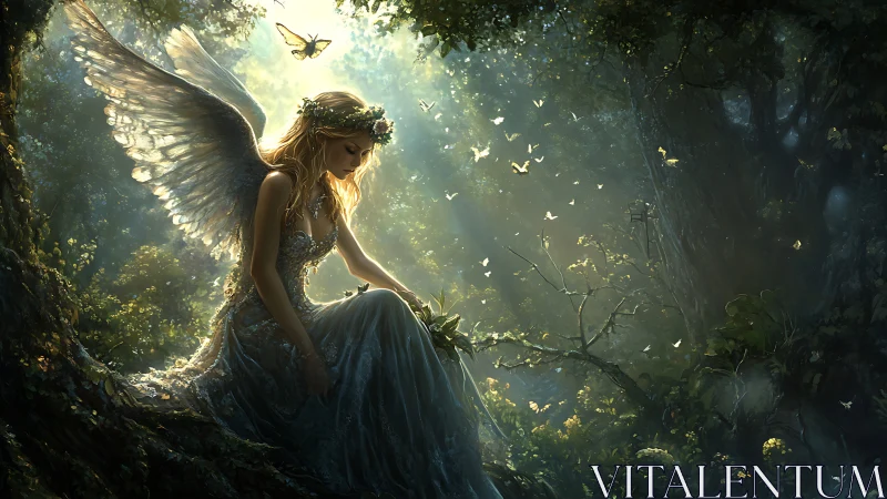 Backlit winged woman rests in volumetric light within dense forest