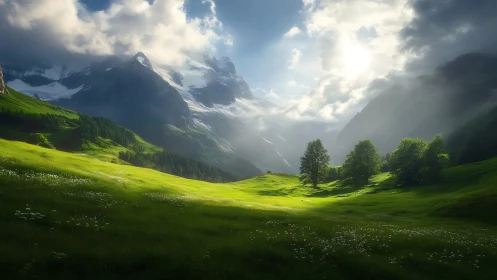 Sunlit green valley below dramatic snowy mountain peaks.