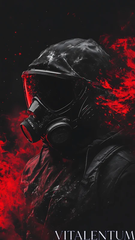 Figure in gas mask stands amid red particulate dispersion