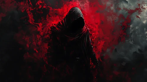 Shrouded reaper in bleeding crimson smoke stands watchful.