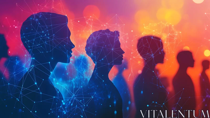 Silhouetted human network glows within neon data mesh.