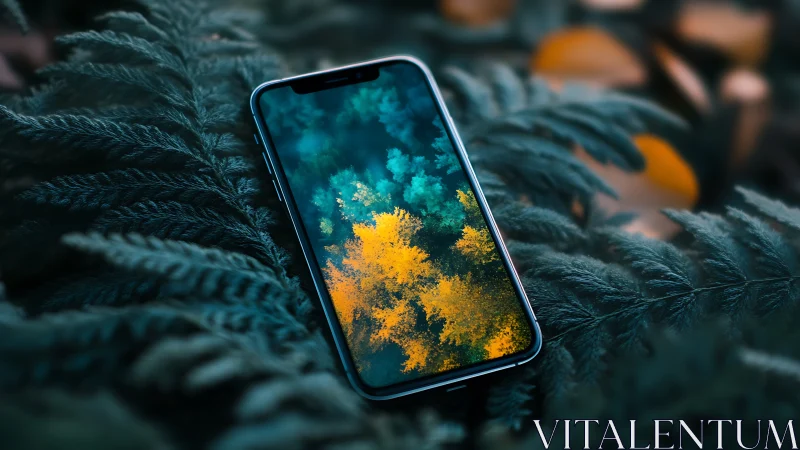 Phone Glows With Golden Nebula Dreams Among Emerald Fronds