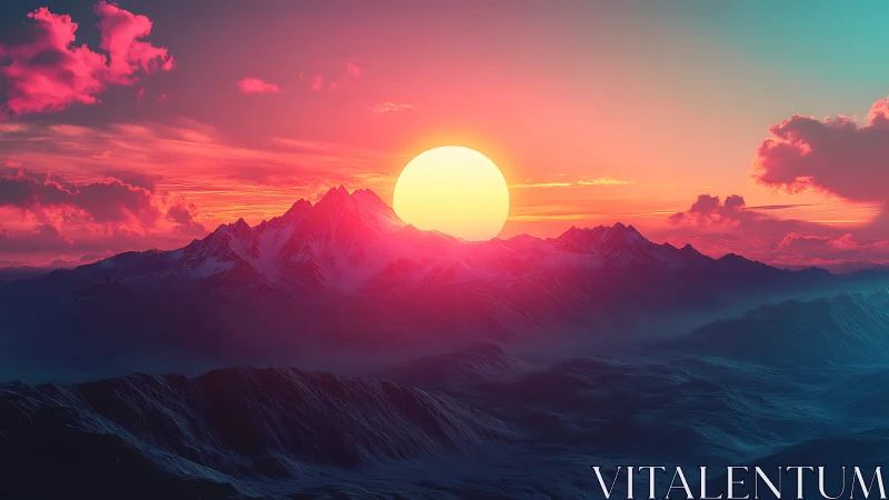 Vivid digital sunset over sharp mountain ridgeline.