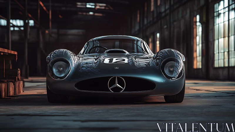 Front view of classic Mercedes race car in warehouse.