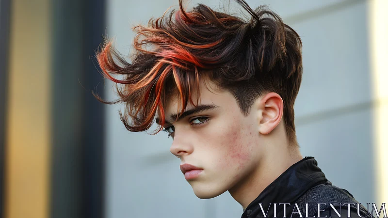 Youthful portrait showcases dynamic red-streaked hairstyle.