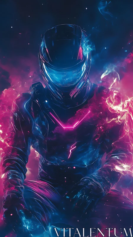 Neon armored astronaut sits in swirling magenta blue fire