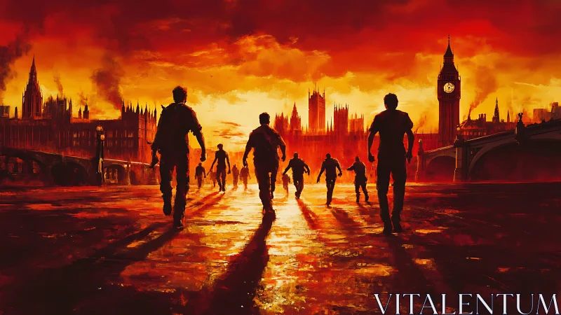 Post-apocalyptic London bridge silhouettes at infernal sunset