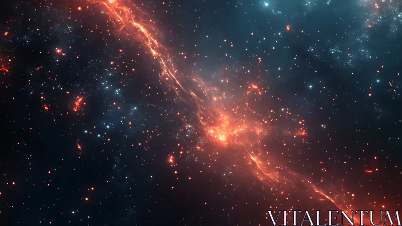 Fiery nebula stream ignites a deep blue star filled cosmos