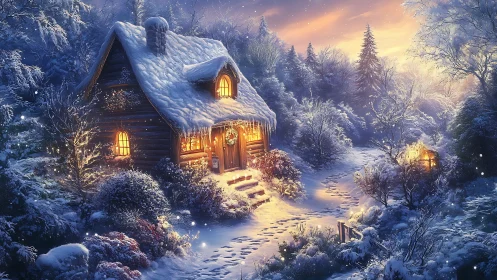 Snow-laden woodland cabin glows under warm dusk illumination