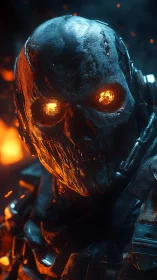 Molten-eyed cybernetic skull soldier in volatile inferno lighting.