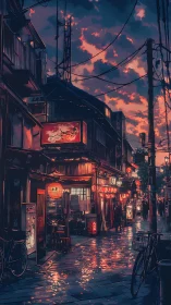 Evening street with lantern lit shops under vivid sky.