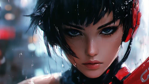 Storm-soaked cyber girl holds a fierce gaze in neon rain