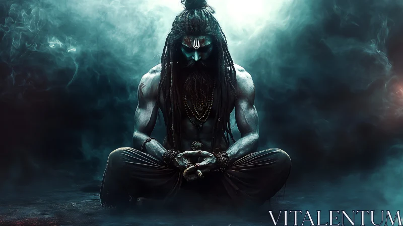 Blue-skinned ascetic sits cross-legged in dense swirling fog