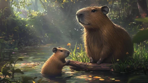 Capybara pair rest beside sunlit forest stream.