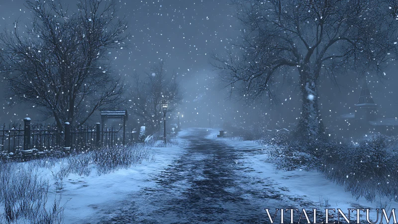 Snow-covered rural road extends into foggy winter night