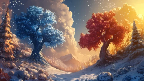 Contrasting blue and red trees stand in a snowy mountain valley