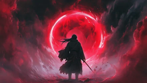 Solitary robed figure before circular red vortex in clouds.