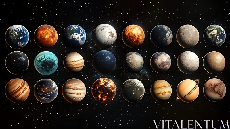 Rowed planetary spheres against star-dense outer space.