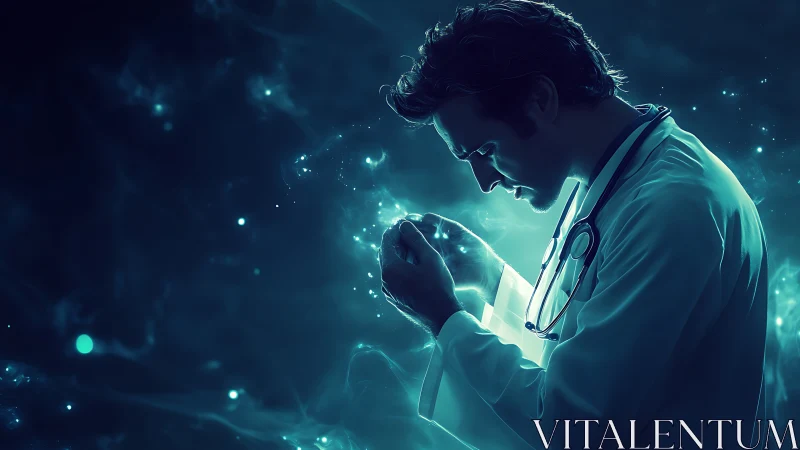 Doctor in teal light holding glowing energy sphere in hands.