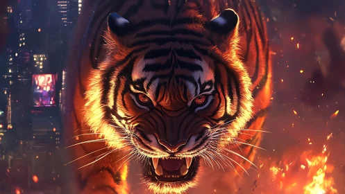 Digital tiger charge through neon city firestorm at night.