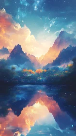 Starlit mirror mountains blaze above a dreaming lake.