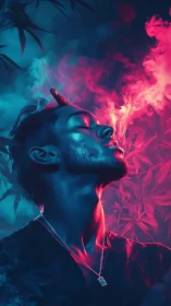 Side profile male portrait with cigar and neon smoke glow.